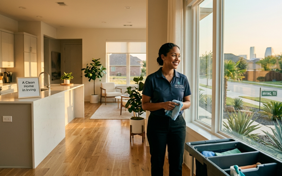 Professional house cleaning services in Irving TX, showing a smiling maid in a clean residential home in Las Colinas Valley Ranch.