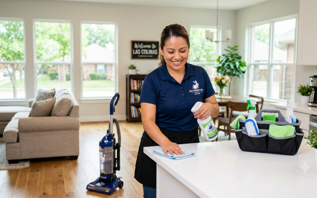 Professional house cleaner from Dust Bunnies Inc. wiping down a kitchen counter in an Irving, Texas home.